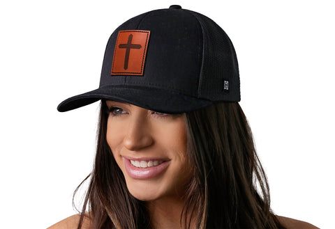 Cross Trucker Hat Rectangle Leather  |  Black cross Snapback