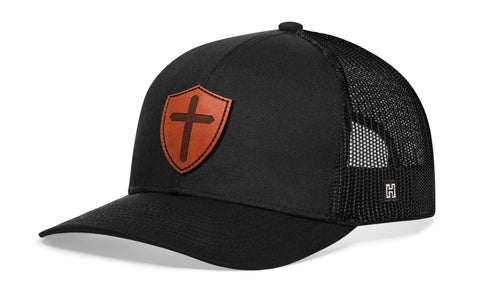Cross Trucker Hat Shield Leather  |  Black Cross Snapback