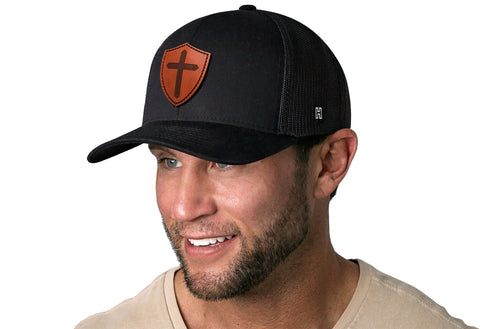 Cross Trucker Hat Shield Leather  |  Black Cross Snapback