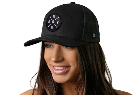 Boy Mom Trucker Hat - Black Snapback Adjustable Cap with Embroidered Patch | Haka Hat