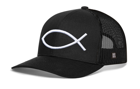 Jesus Fish Trucker Hat  |  Black bold ichthys Snapback