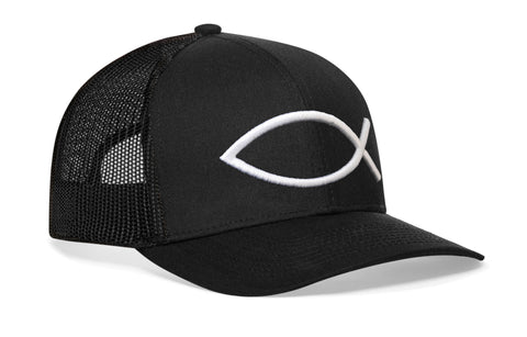 Jesus Fish Trucker Hat  |  Black bold ichthys Snapback