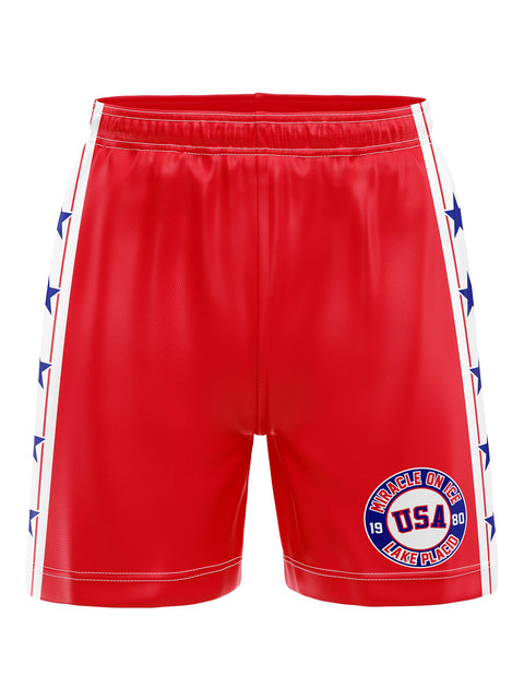 Team USA Miracle on Ice 1980 Red Hockey Shorts Hockey Shorts Bench Clearers Red Polyester XS