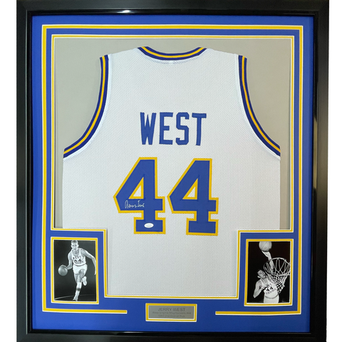 Framed Autographed/Signed Jerry West 35x39 West Virginia White College Basketball Jersey JSA COA