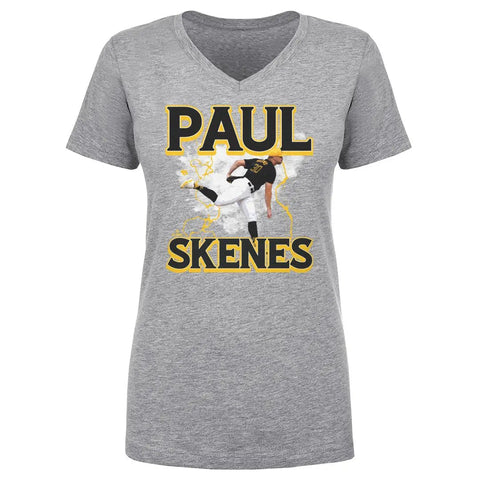 Paul Skenes Pittsburgh Pirates Lightning  | Women's V-Neck T-Shirt Women's V-Neck T-Shirt 500 LEVEL Heather Gray S Women's V-Neck T-Shirt