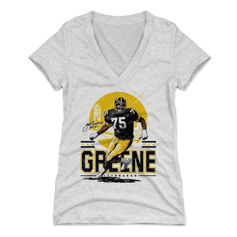 Joe Greene Pittsburgh Skyline Women's V-Neck T-Shirt Women's V-Neck T-Shirt 500 LEVEL Tri Ash S Women's V-Neck T-Shirt