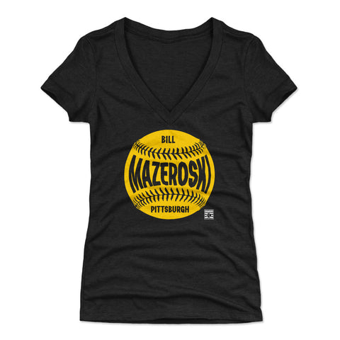 Pittsburgh Pirates Bill Mazeroski Women's V-Neck T-Shirt Women's V-Neck T-Shirt 500 LEVEL Tri Black S Women's V-Neck T-Shirt