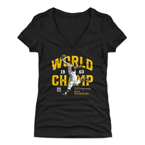 Pittsburgh Pirates Bill Mazeroski Women's V-Neck T-Shirt Women's V-Neck T-Shirt 500 LEVEL Tri Black S Women's V-Neck T-Shirt