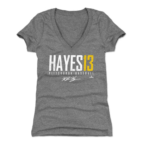 Pittsburgh Pirates Ke'Bryan Hayes Women's V-Neck T-Shirt Women's V-Neck T-Shirt 500 LEVEL Tri Gray S Women's V-Neck T-Shirt