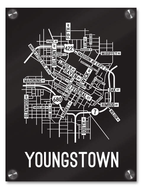 Youngstown, Ohio Street Map College Map Prints School Street Posters Black Background / White Map 18" x 22" Acrylic Print