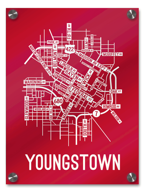 Youngstown, Ohio Street Map College Map Prints School Street Posters Red Background / White Map 18" x 22" Acrylic Print