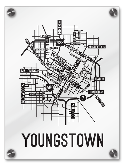 Youngstown, Ohio Street Map College Map Prints School Street Posters White Background / Black Map 18" x 22" Acrylic Print