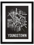 Youngstown, Ohio Street Map College Map Prints School Street Posters Black Background / White Map 11" x 14" Framed Print