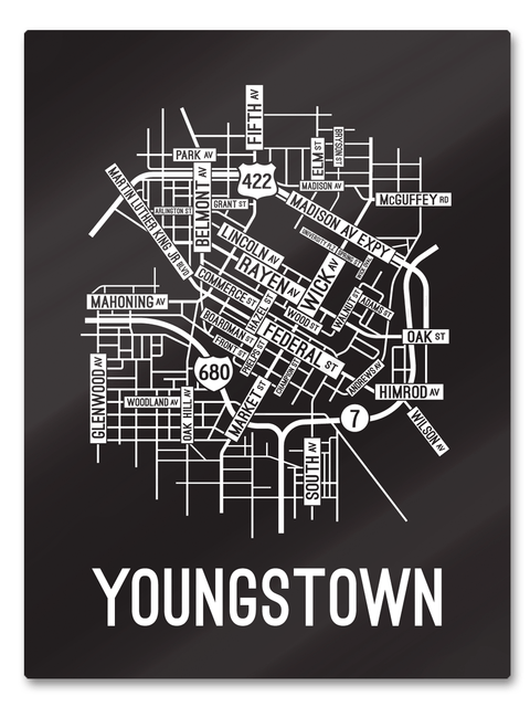 Youngstown, Ohio Street Map College Map Prints School Street Posters Black Background / White Map 18" x 22" Metal Print