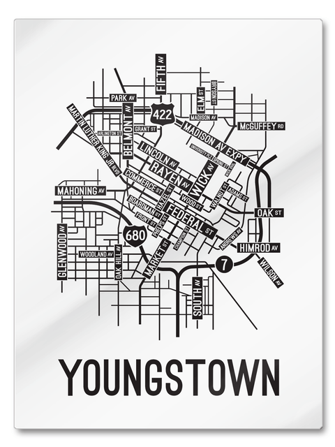 Youngstown, Ohio Street Map College Map Prints School Street Posters White Background / Black Map 18" x 22" Metal Print