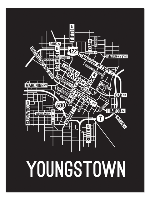 Youngstown, Ohio Street Map College Map Prints School Street Posters Black Background / White Map 11" x 14" Poster