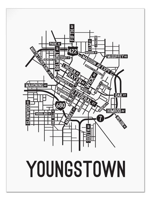 Youngstown, Ohio Street Map College Map Prints School Street Posters White Background / Black Map 11" x 14" Poster