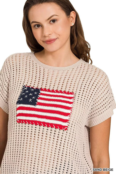 American Flag Knit Top - Zenana Viscose Openwork Sweater, Lightweight & Breathable Sweater - YinzerShop
