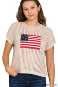 American Flag Knit Top - Zenana Viscose Openwork Sweater, Lightweight & Breathable Sweater - YinzerShop