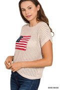 American Flag Knit Top - Zenana Viscose Openwork Sweater, Lightweight & Breathable Sweater - YinzerShop