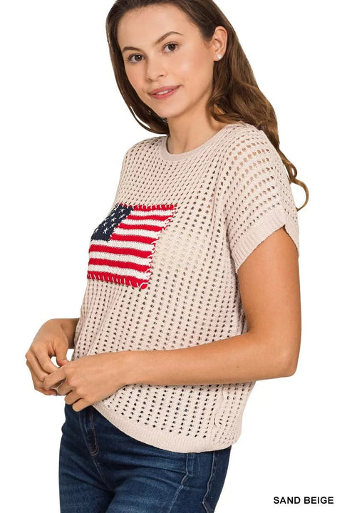 American Flag Knit Top - Zenana Viscose Openwork Sweater, Lightweight & Breathable Sweater - YinzerShop