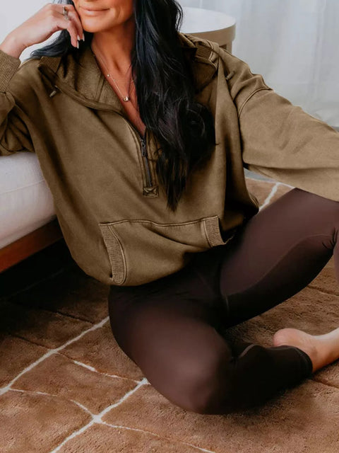 Half Zip Kangaroo Pocket Mineral Wash Baggy Hoodie