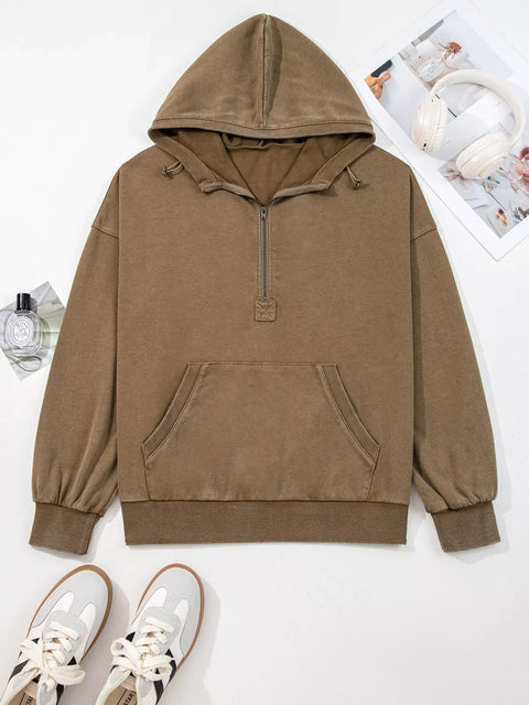 Baggy Hoodie Half Zip Kangaroo Pocket Mineral Wash Cotton Polyester Pullover Hoodie - YinzerShop