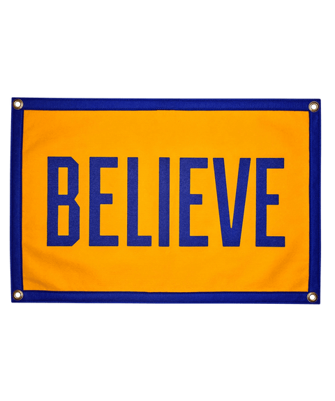 Believe Camp Flag – Wool Felt Yellow Blue Outdoor Decorative Flag 16x24 Camp Flag - YinzerShop