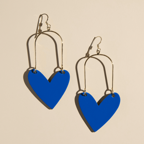 Blue Leather Earrings - Nickel & Suede Matte Blue Heart Shaped Statement Jewelry Earrings - YinzerShop