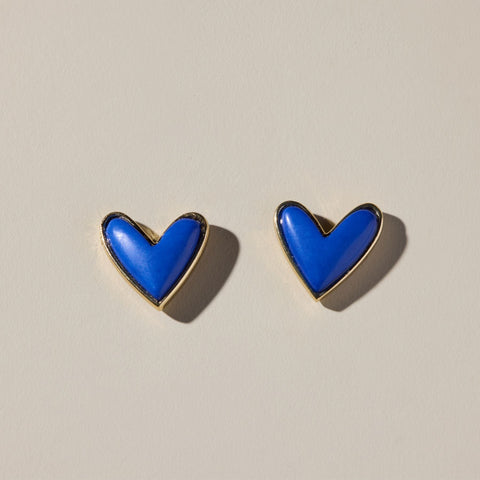 Blue Stone Studs - Nickel & Suede Sweetheart Heart Shape Earrings Gold Detail Stud Earrings - YinzerShop