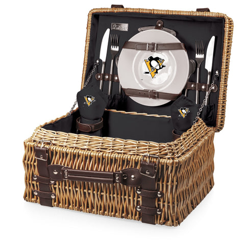 Champion Picnic Basket - Pittsburgh Penguins Wicker Basket Set with Wine and Cheese Licensed - YinzerShop