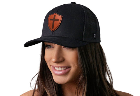 Cross Trucker Hat Shield Leather | Black Cross Snapback Trucker - YinzerShop