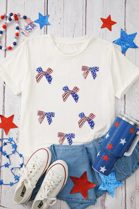 Patriotic Sequin Tee - Flag Bow Shirt Crew Neck T-Shirt with Sparkly Flag Design