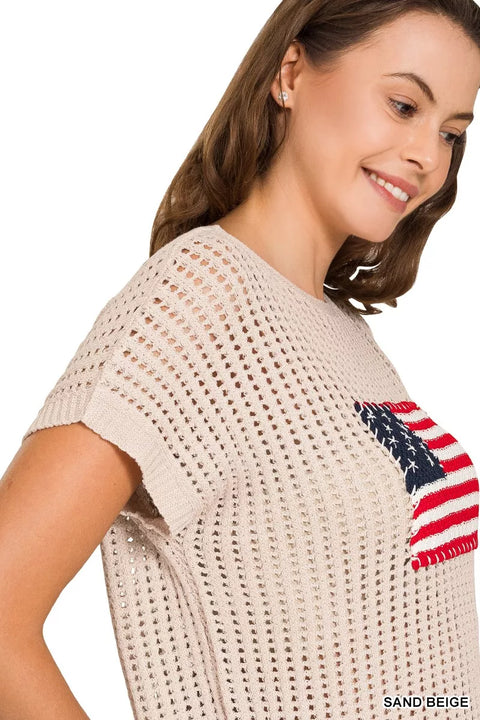 Zenana Viscose American Flag Openwork Knit Top