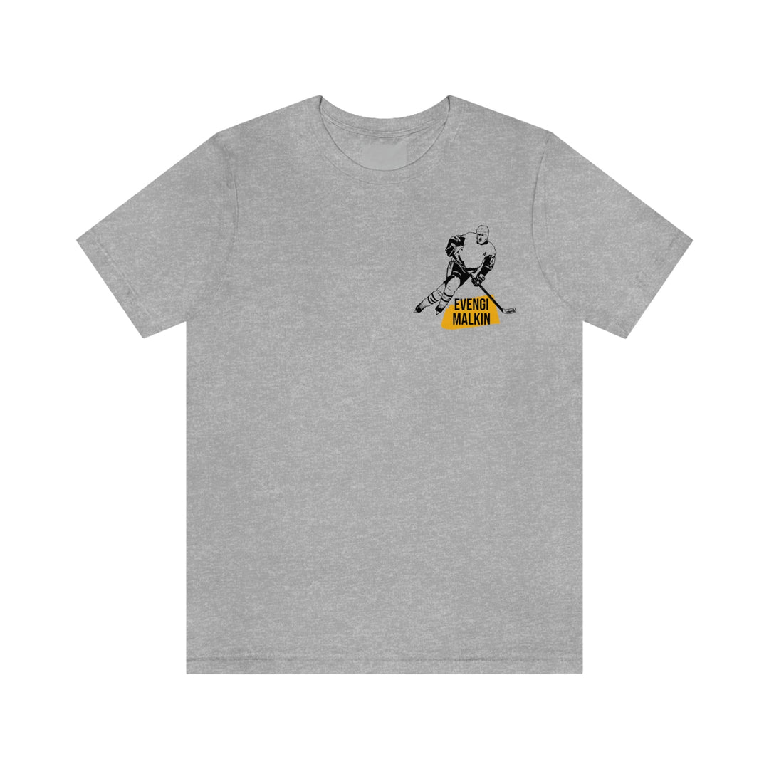 Evengi Malkin Pittsburgh Headliner Series T-Shirt - Back-Printed Graphic Tee T-Shirt Printify Athletic Heather S 