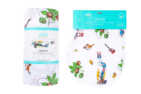 Gift Set: Ohio Baby Muslin Swaddle Receiving Blanket and Burp Cloth / Bib Combo Swaddle Blanket Little Hometown   