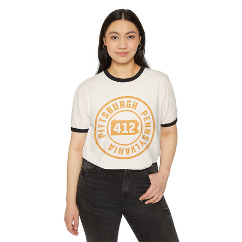 Gold Pittsburgh Stamp - Unisex Cotton Ringer T-Shirt T-Shirt - YinzerShop