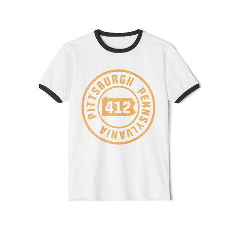 Gold Pittsburgh Stamp - Unisex Cotton Ringer T-Shirt T-Shirt - YinzerShop