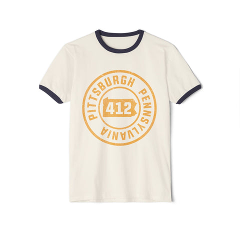 Gold Pittsburgh Stamp - Unisex Cotton Ringer T-Shirt T-Shirt - YinzerShop