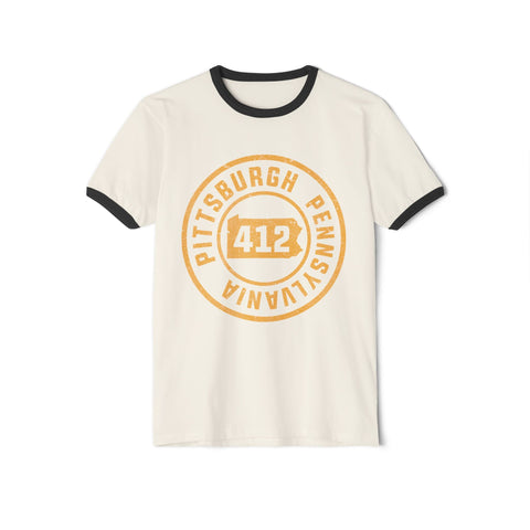 Gold Pittsburgh Stamp - Unisex Cotton Ringer T-Shirt T-Shirt - YinzerShop