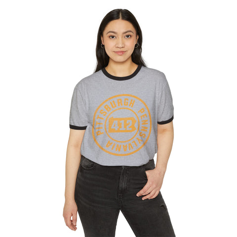 Gold Pittsburgh Stamp - Unisex Cotton Ringer T-Shirt T-Shirt - YinzerShop