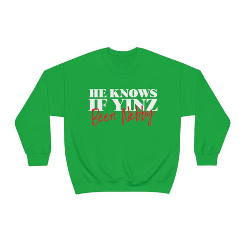 He Knows If Yinz Been Nebby - -Unisex Heavy Blend™ Crewneck Sweatshirt Sweatshirt Printify S Irish Green 