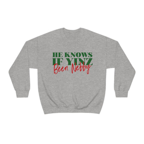 He Knows If Yinz Been Nebby - -Unisex Heavy Blend™ Crewneck Sweatshirt Sweatshirt Printify S Sport Grey 