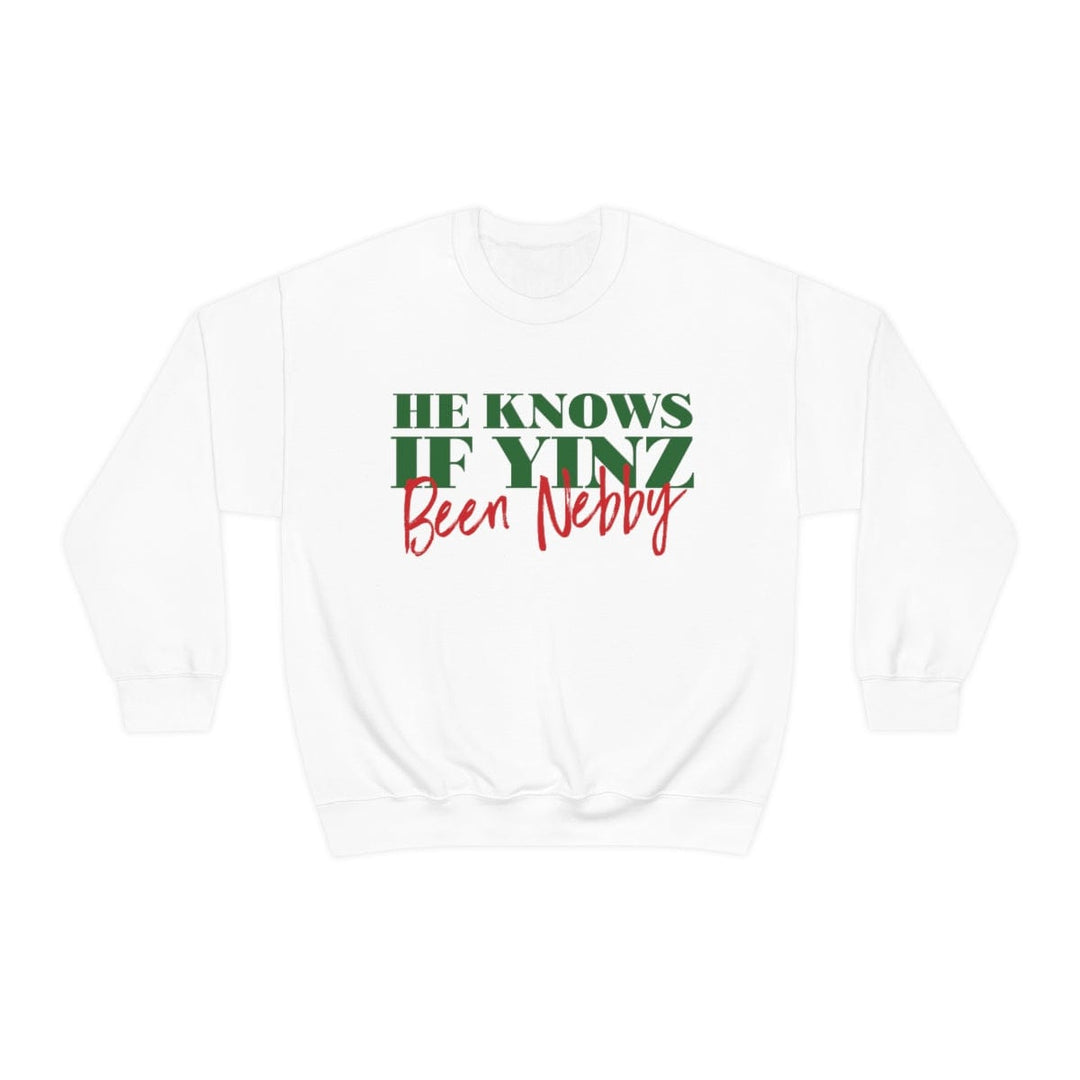 He Knows If Yinz Been Nebby - -Unisex Heavy Blend™ Crewneck Sweatshirt Sweatshirt Printify S White 