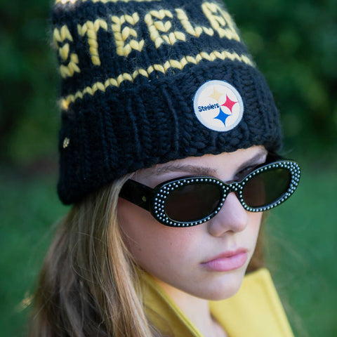 Lele Sadoughi Black Steelers Hand-Knit Brimmed Merino Wool Beanie with Yarn Pom Pom Beanie - YinzerShop