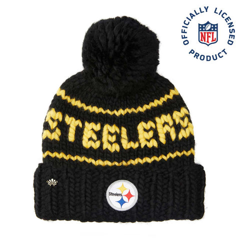 Lele Sadoughi Black Steelers Hand-Knit Brimmed Merino Wool Beanie with Yarn Pom Pom Beanie - YinzerShop