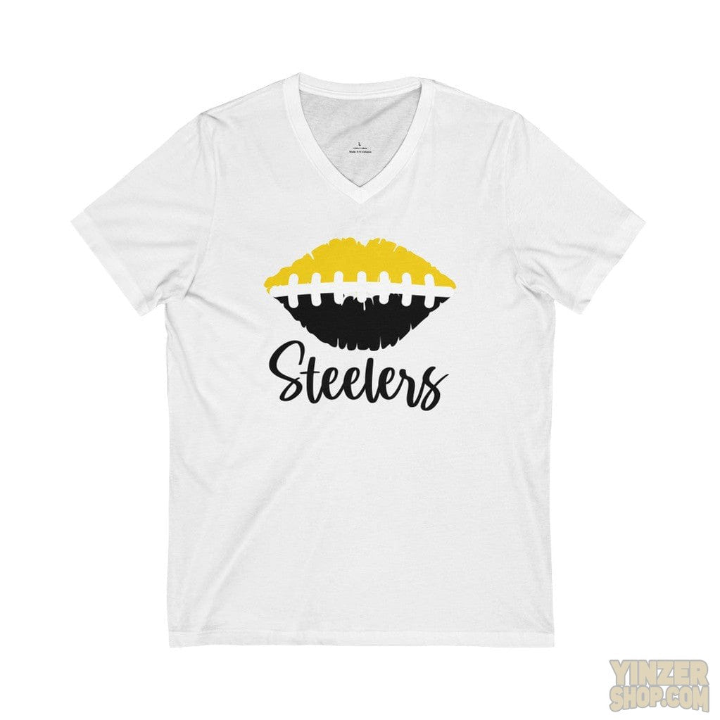 Love the Steelers with a Kiss Women's V-Neck Tee T-Shirt Printify White XS 