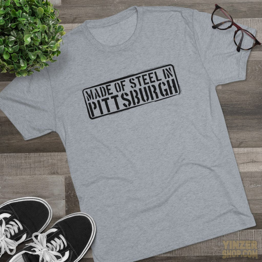 Made of Steel in Pittsburgh Men's Tri-Blend Crew T-shirt T-Shirt Printify   