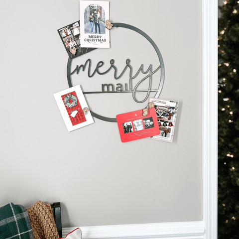 Magnetic Christmas Card Wreath - Merry Mail Script Font Holiday Card Holder Wall Decor - YinzerShop