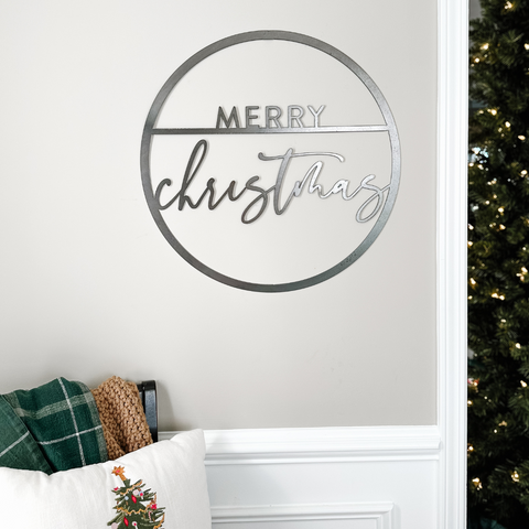 Merry Christmas Sign - Magnetic Holiday Circle Steel Wall Decor Display